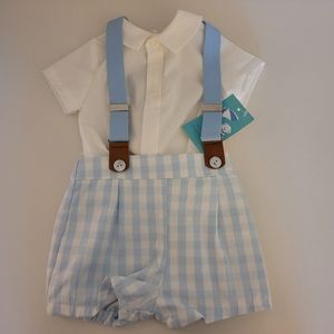 Baby Ferr White Shirt with blue and white check shorts and suspenders NWT